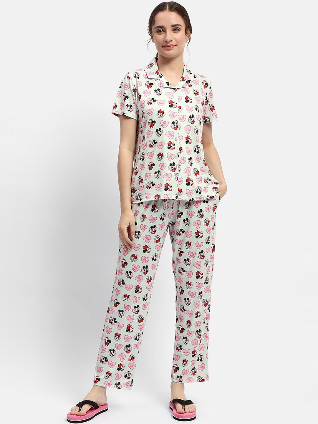 

MADAME M SECRET Mickey & Minnie Printed Night suit, Lime green