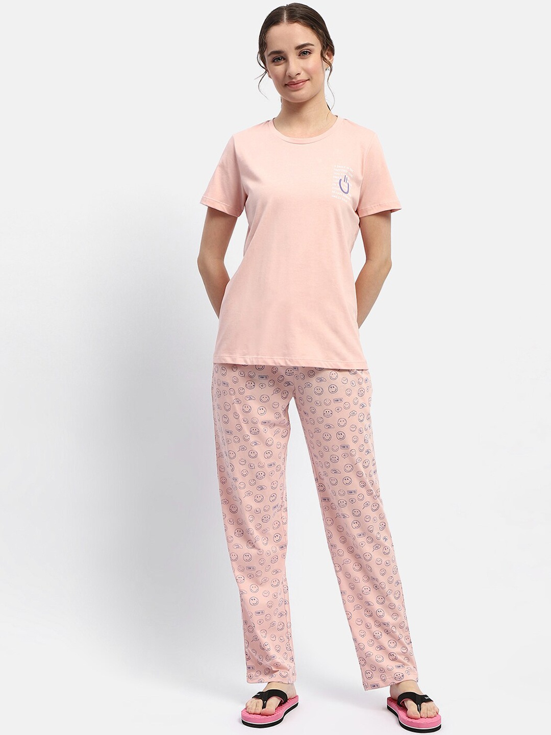 

MADAME M SECRET Printed Pure Cotton Night suit, Peach