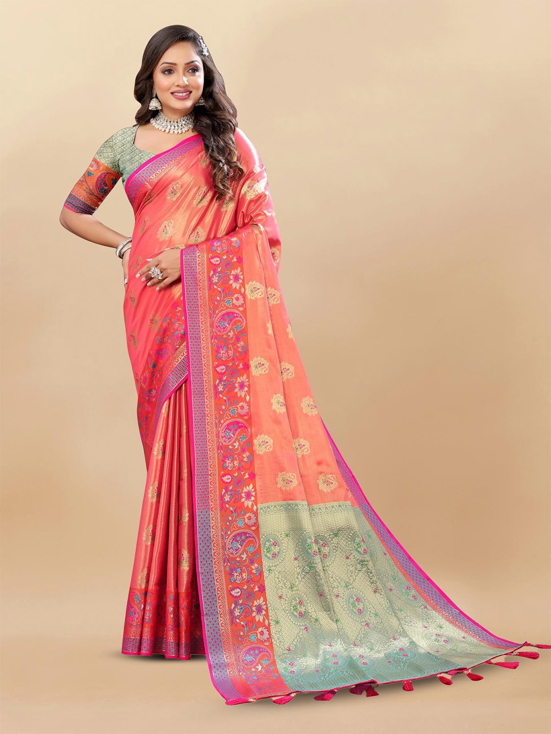 

PATIALAPICKS Ethnic Motifs Woven Design Zari Pure Silk Kanjeevaram Saree, Peach