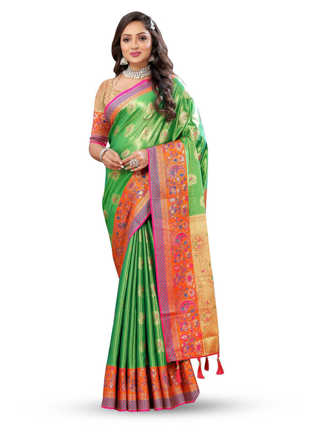

PATIALAPICKS Woven Design Zari Pure Silk Kanjeevaram Saree, Green