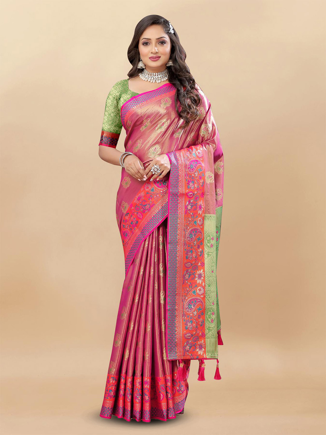 

PATIALAPICKS Ethnic Motifs Woven Design Zari Pure Silk Kanjeevaram Saree, Pink