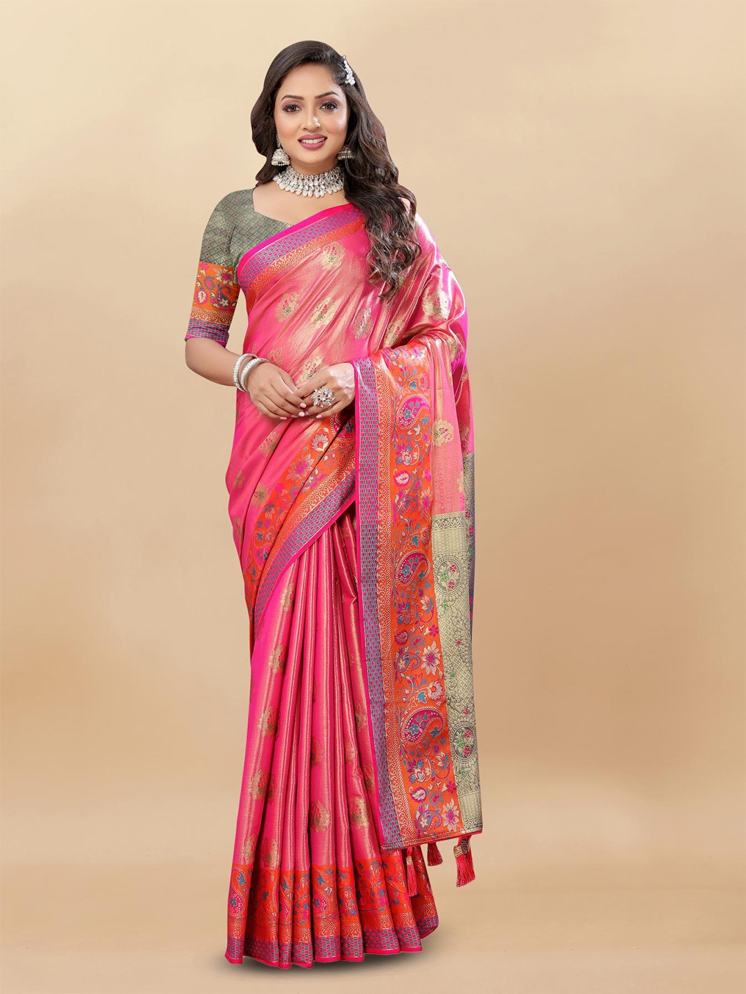 

PATIALAPICKS Woven Design Zari Pure Silk Kanjeevaram Saree, Pink