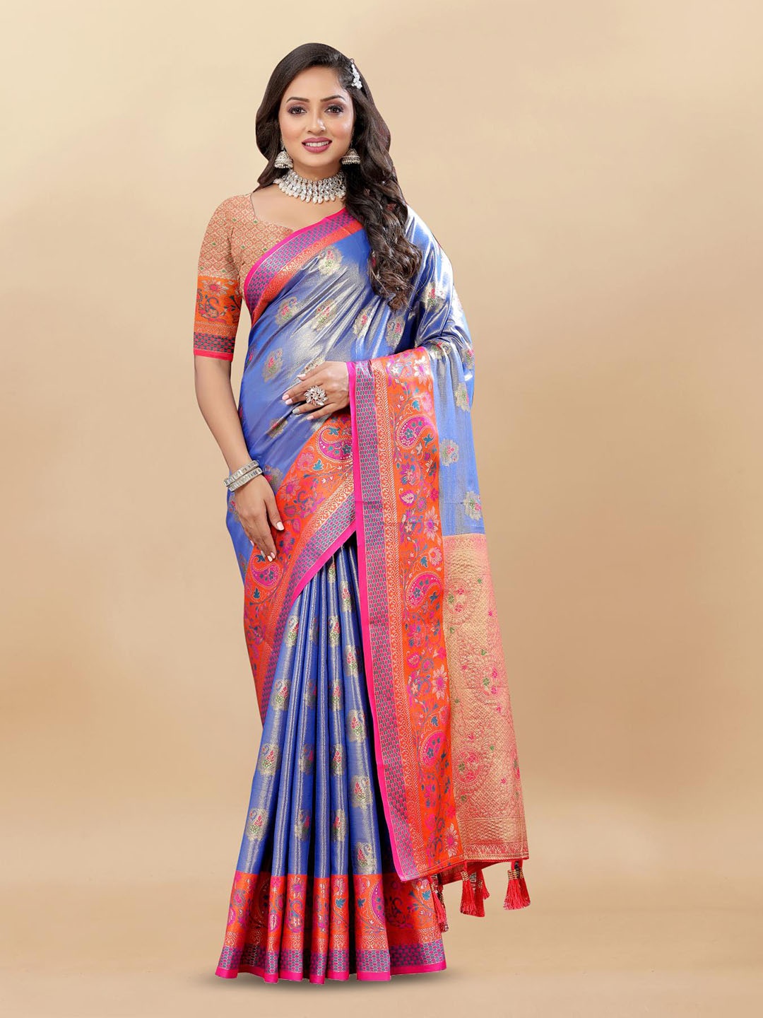 

PATIALAPICKS Woven Design Zari Pure Silk Kanjeevaram Saree, Blue