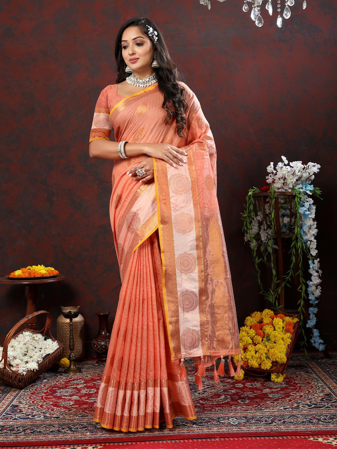 

PATIALAPICKS Woven Design Zari Pure Cotton Paithani Saree, Peach