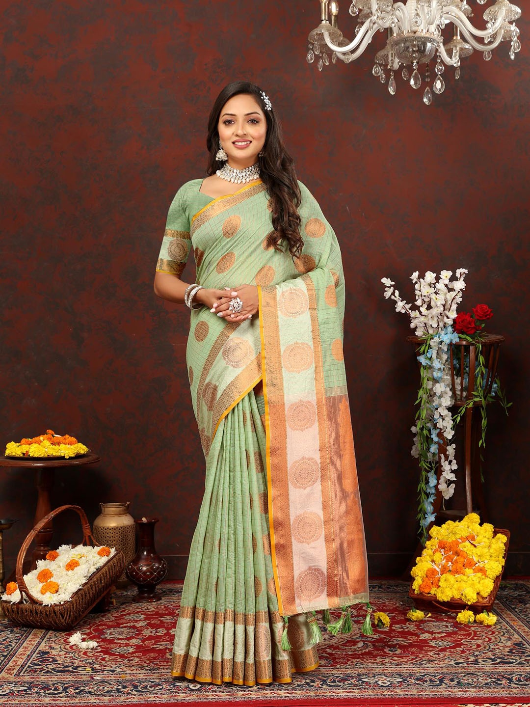 

PATIALAPICKS Woven Design Zari Pure Cotton Paithani Saree, Sea green