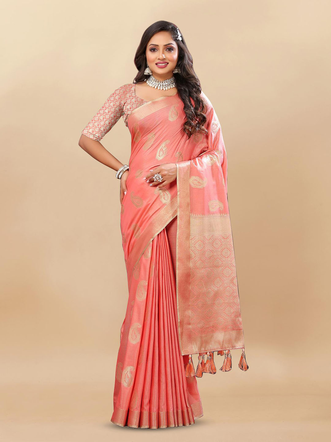 

PATIALAPICKS Ethnic Motifs Woven Design Zari Pure Cotton Paithani Saree, Peach