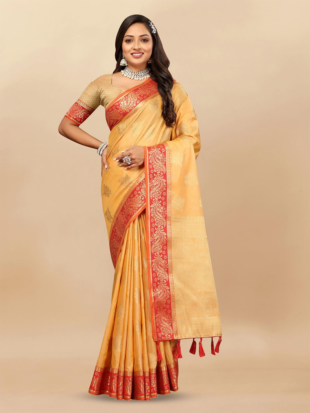 

PATIALAPICKS Floral Woven Design Zari Pure Cotton Paithani Saree, Mustard