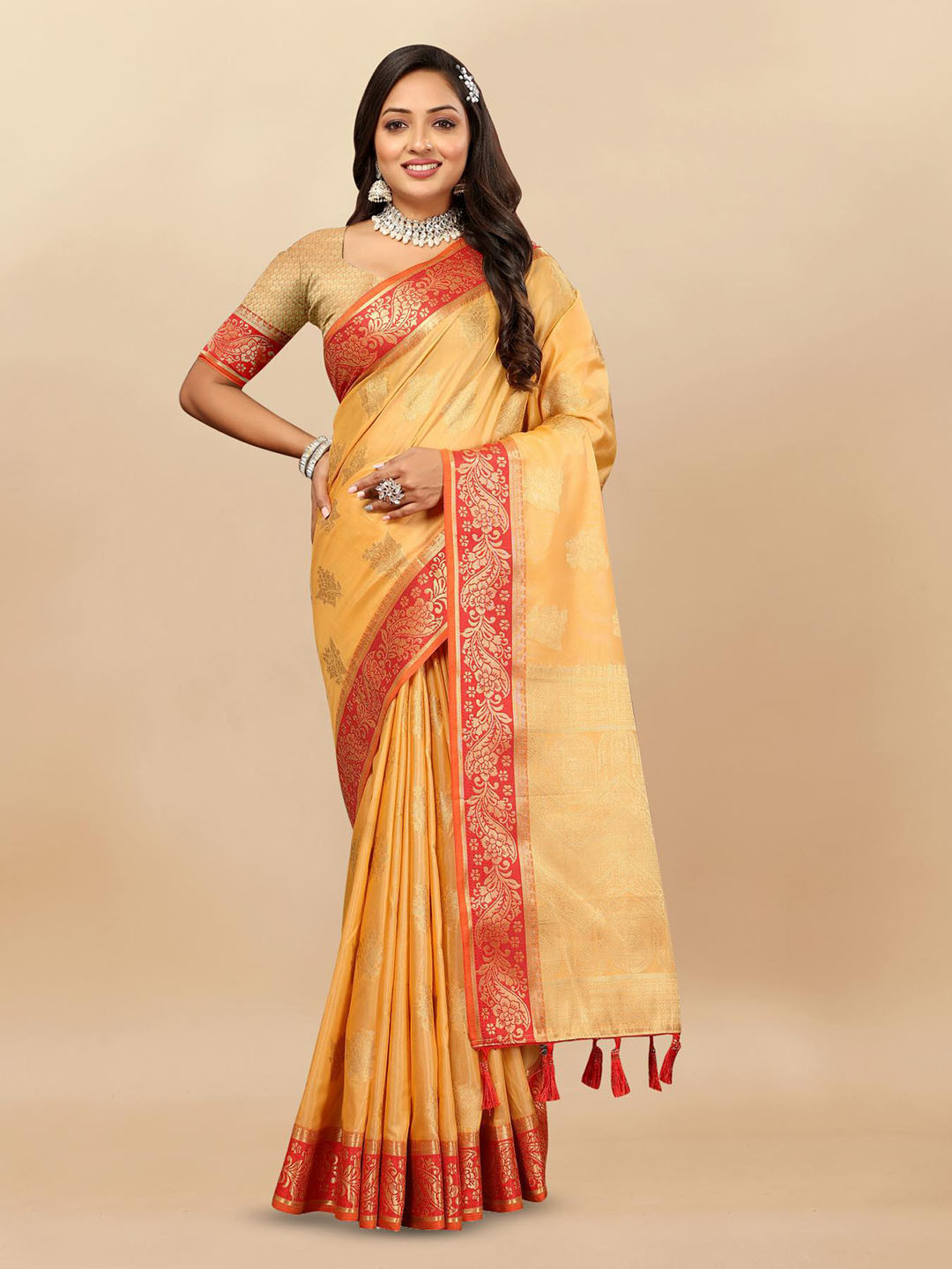 

PATIALAPICKS Floral Woven Design Zari Pure Cotton Paithani Saree, Mustard