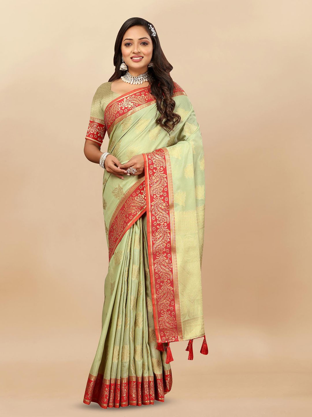 

PATIALAPICKS Ethnic Motifs Woven Design Zari Pure Cotton Paithani Saree, Green