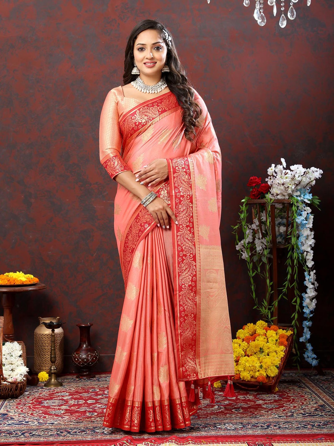 

PATIALAPICKS Floral Zari Pure Cotton Paithani Saree, Peach