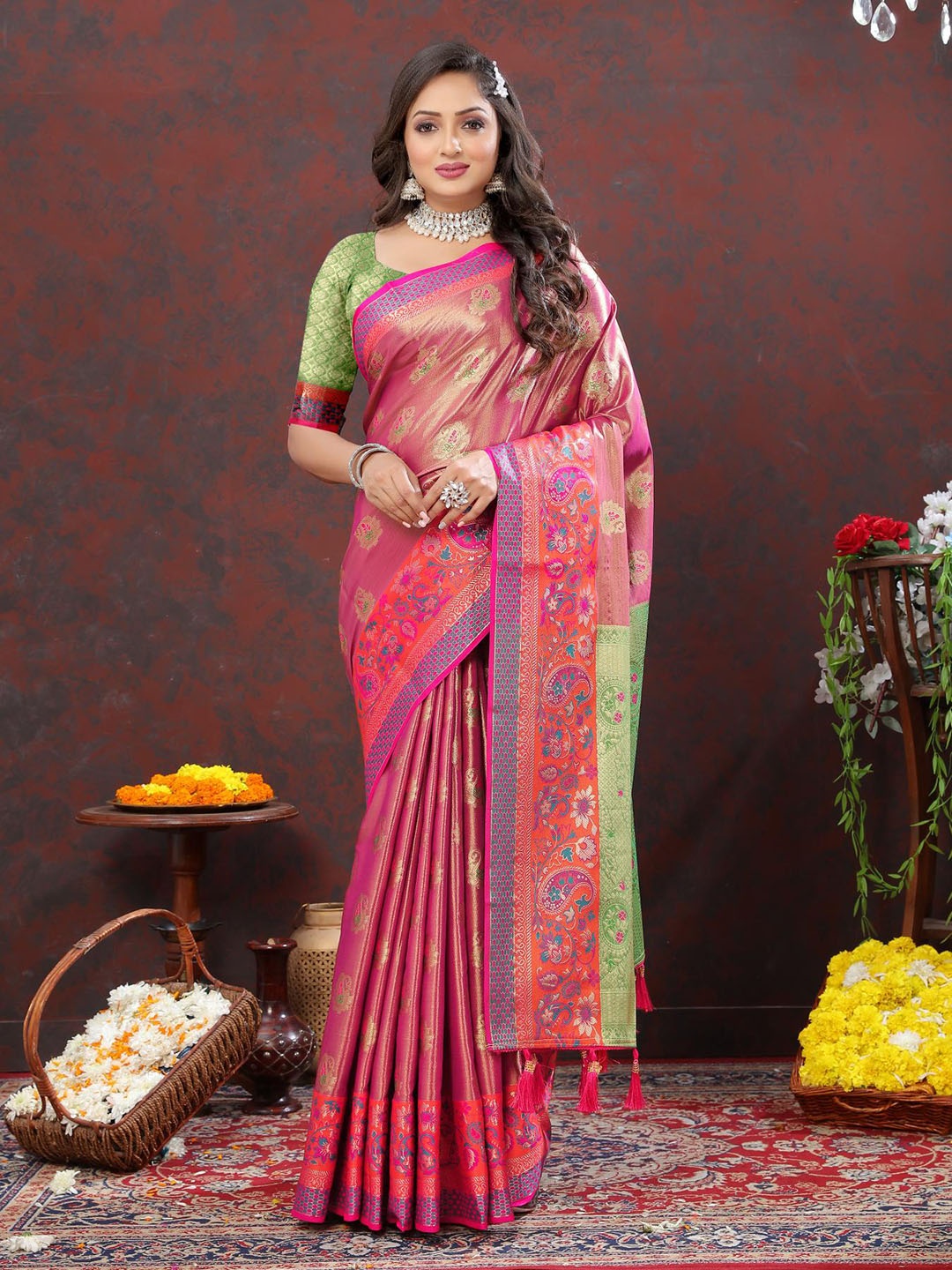 

PATIALAPICKS Ethnic Motifs Woven Design Zari Pure Silk Kanjeevaram Saree, Pink