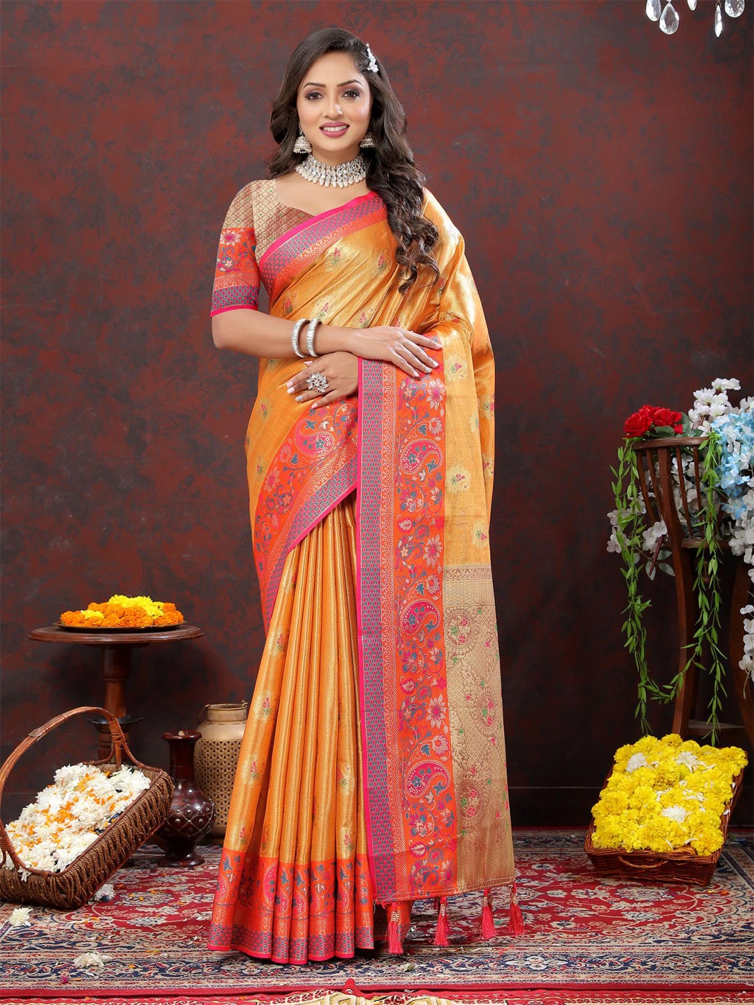 

PATIALAPICKS Ethnic Motifs Woven Design Zari Pure Silk Kanjeevaram Saree, Mustard