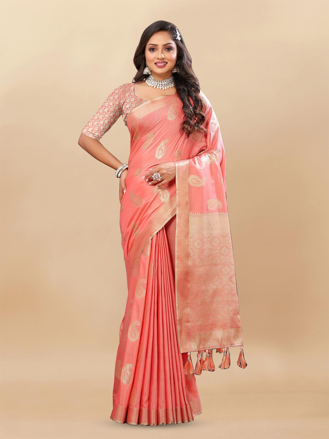

PATIALAPICKS Woven Design Zari Pure Cotton Paithani Saree, Peach