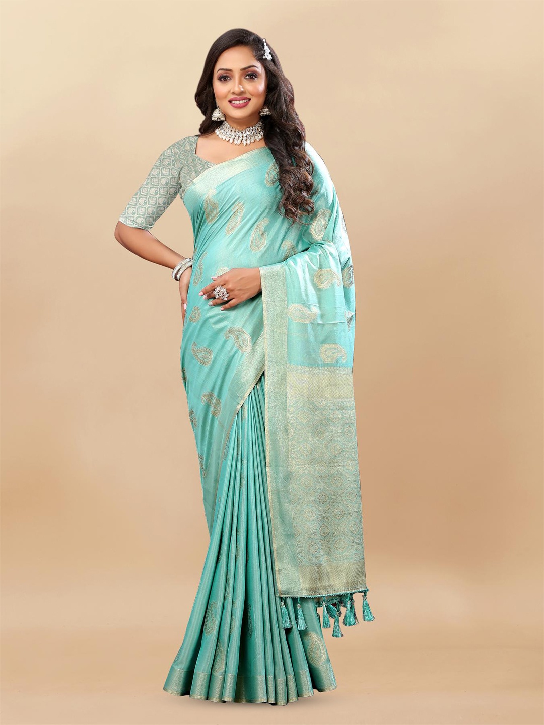 

PATIALAPICKS Paisley Woven Design Zari Pure Cotton Paithani Saree, Blue