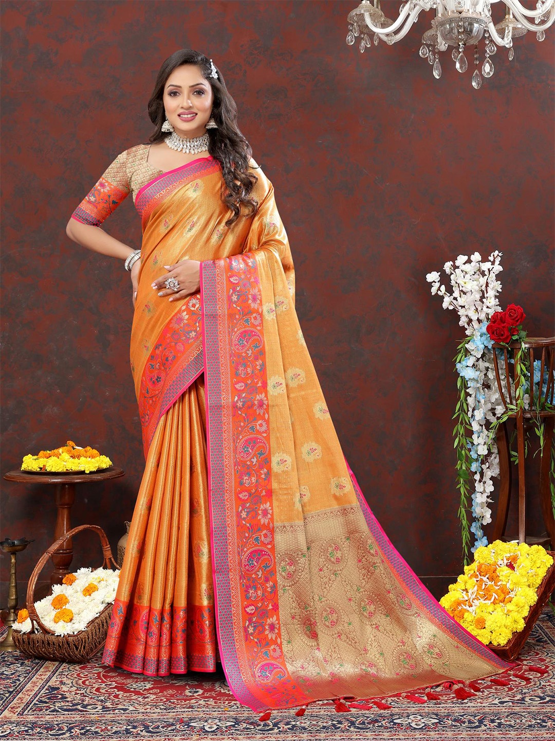 

PATIALAPICKS Floral Woven Design Zari Pure Silk Kanjeevaram Saree, Mustard