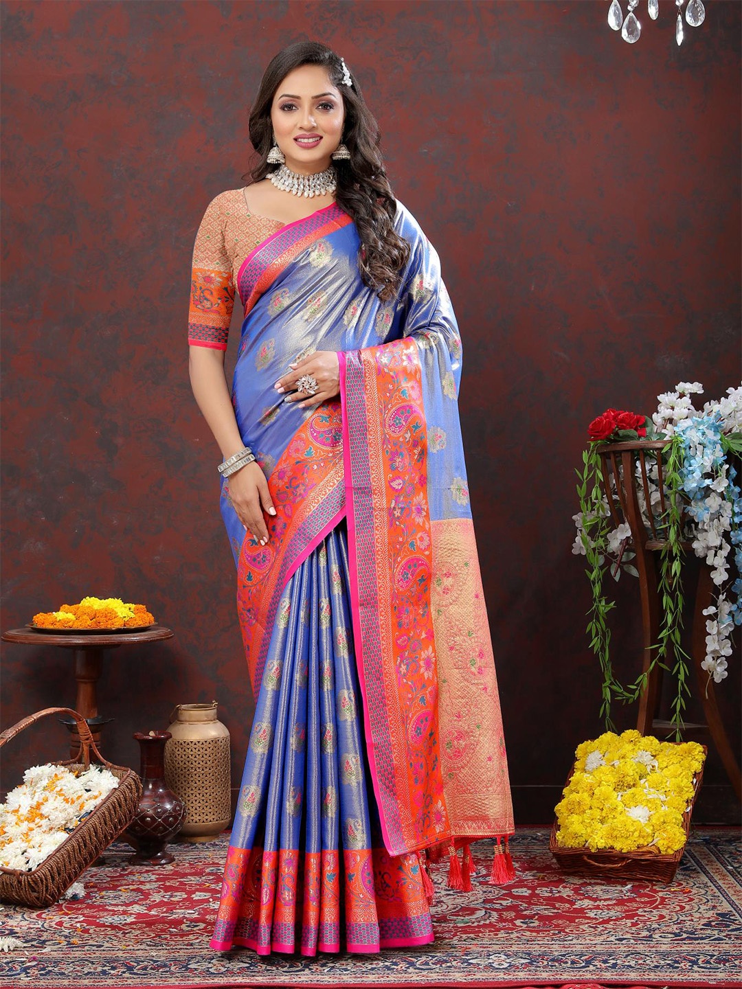 

PATIALAPICKS Woven Design Zari Pure Silk Kanjeevaram Saree, Blue