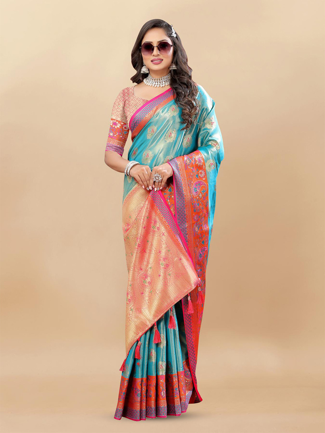 

PATIALAPICKS Ethnic Motifs Woven Design Zari Pure Silk Kanjeevaram Saree, Blue