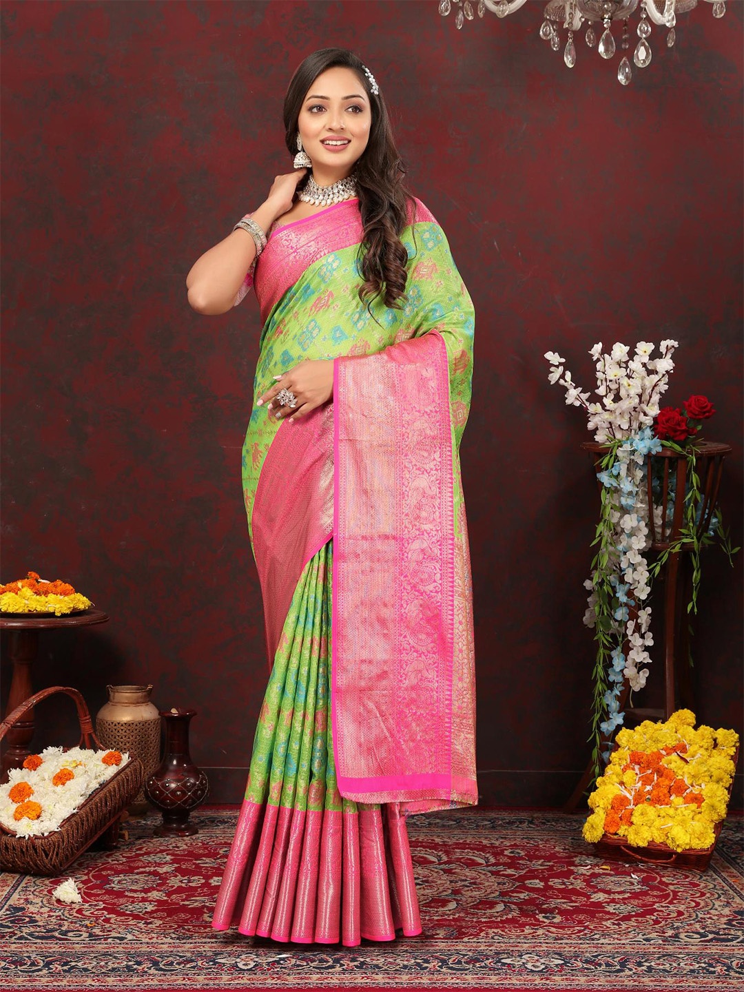 

PATIALAPICKS Ethnic Motifs Woven Design Zari Pure Cotton Paithani Saree, Green