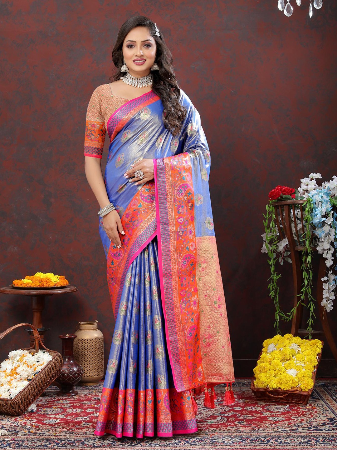 

PATIALAPICKS Ethnic Motifs Woven Design Zari Pure Silk Kanjeevaram Saree, Blue