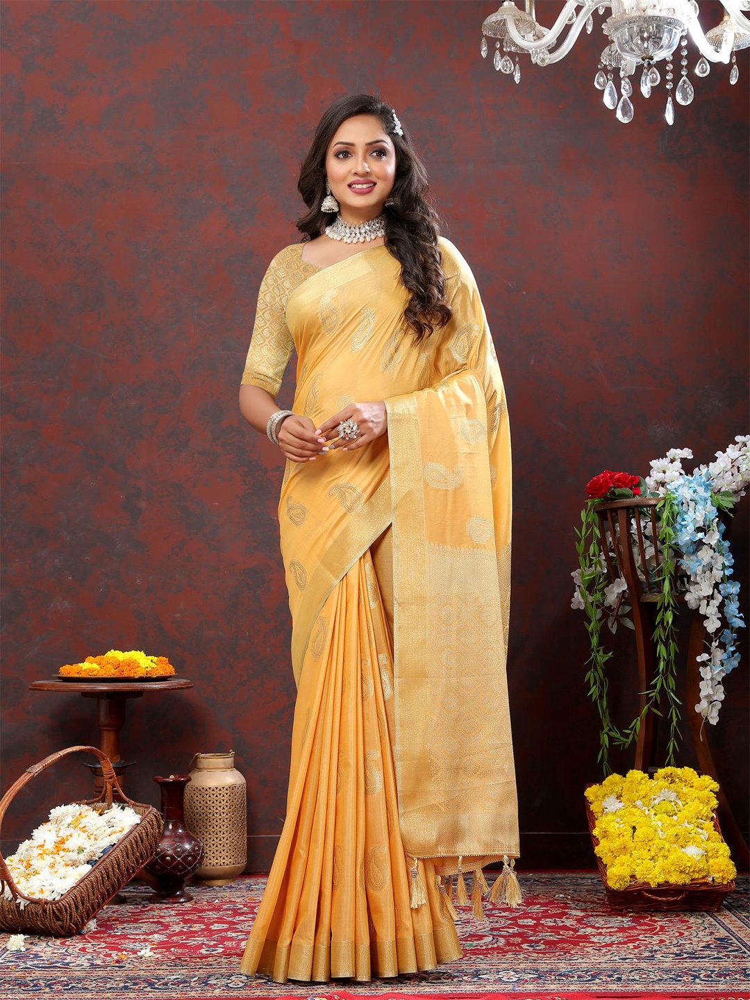 

PATIALAPICKS Paisley Woven Design Zari Pure Cotton Paithani Saree, Mustard