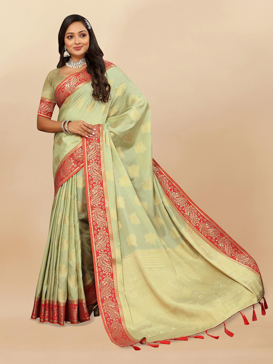 

PATIALAPICKS Ethnic Motifs Woven Design Zari Pure Cotton Paithani Saree, Green