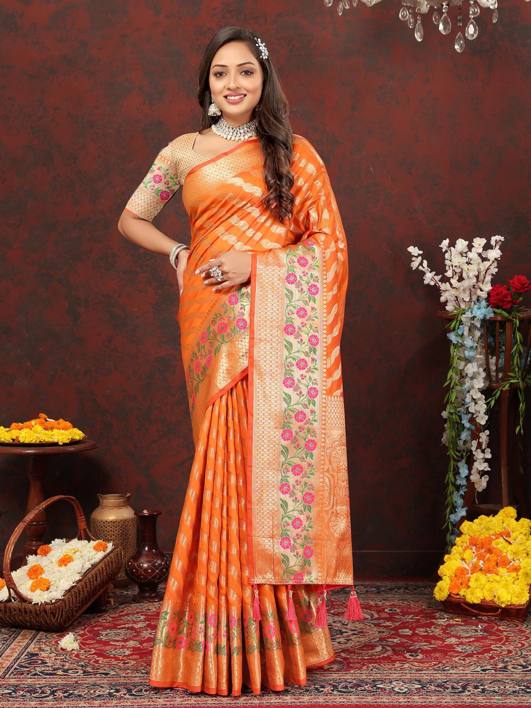 

PATIALAPICKS Ethnic Motifs Woven Design Zari Pure Cotton Paithani Saree, Orange