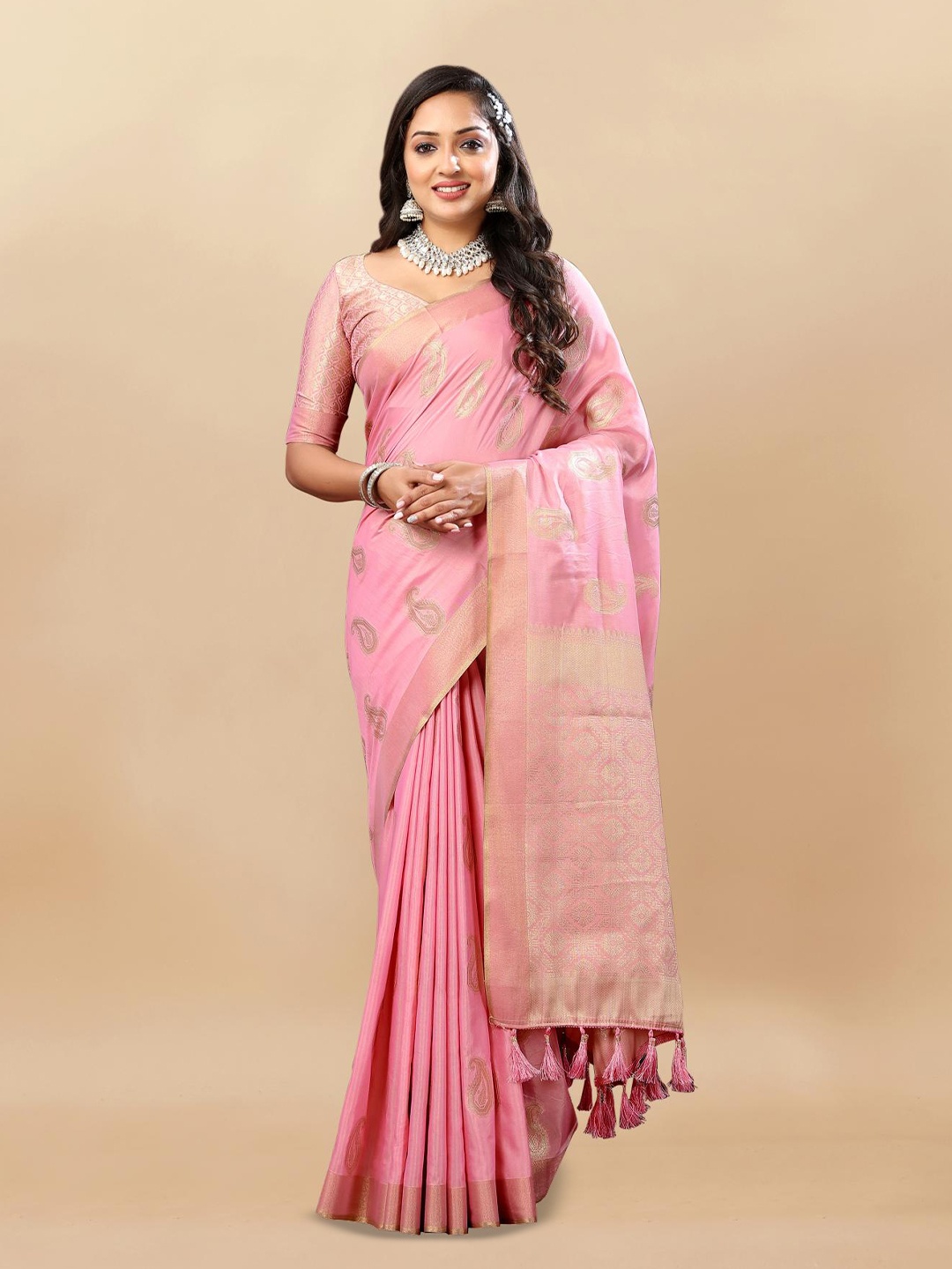 

PATIALAPICKS Paisley Woven Design Zari Pure Cotton Paithani Saree, Pink