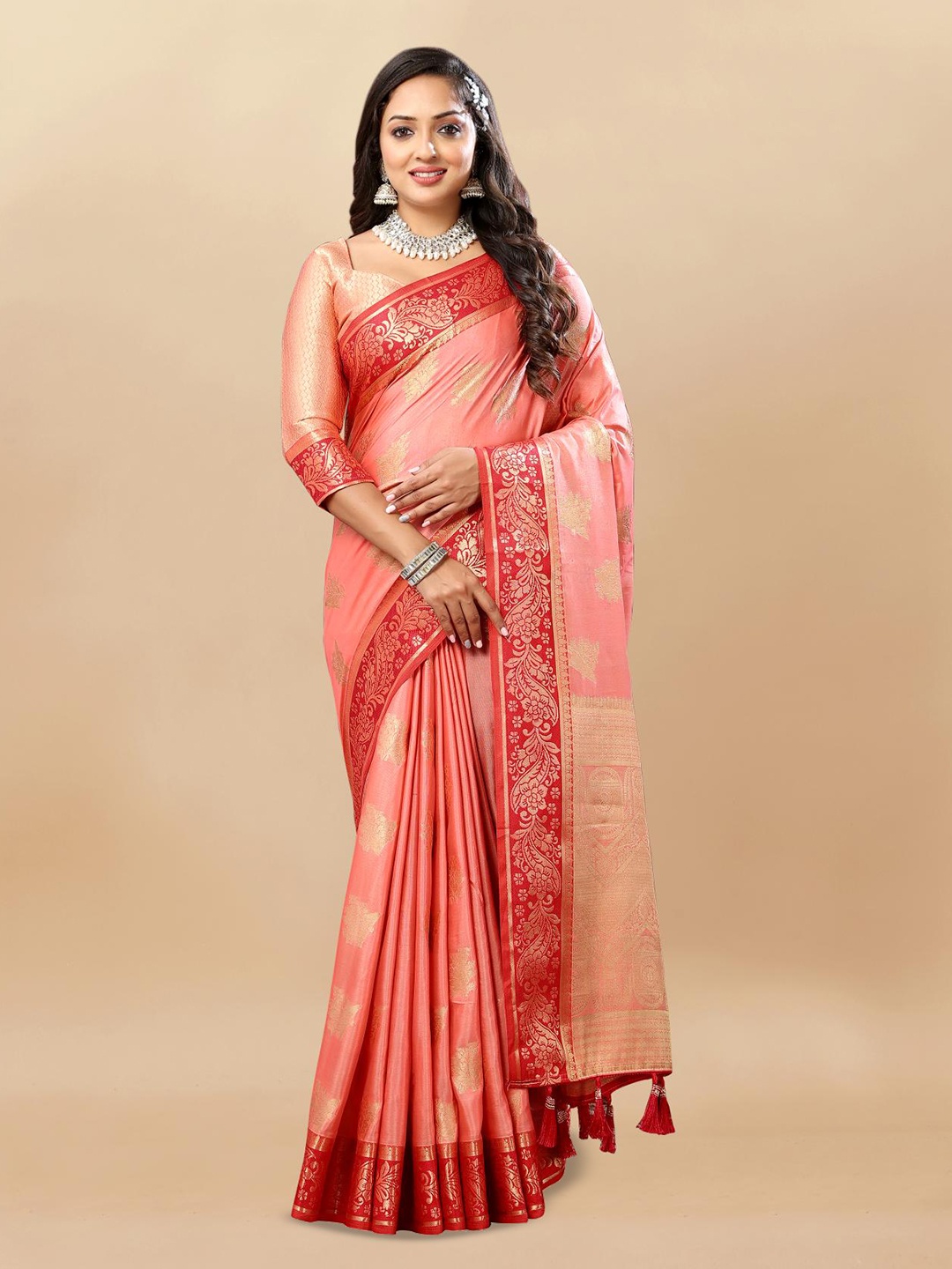 

PATIALAPICKS Floral Woven Design Zari Pure Cotton Paithani Saree, Peach