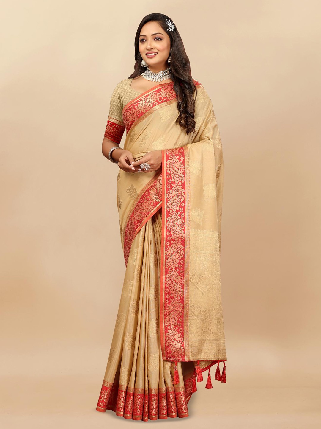 

PATIALAPICKS Floral Woven Design Zari Pure Cotton Paithani Saree, Cream