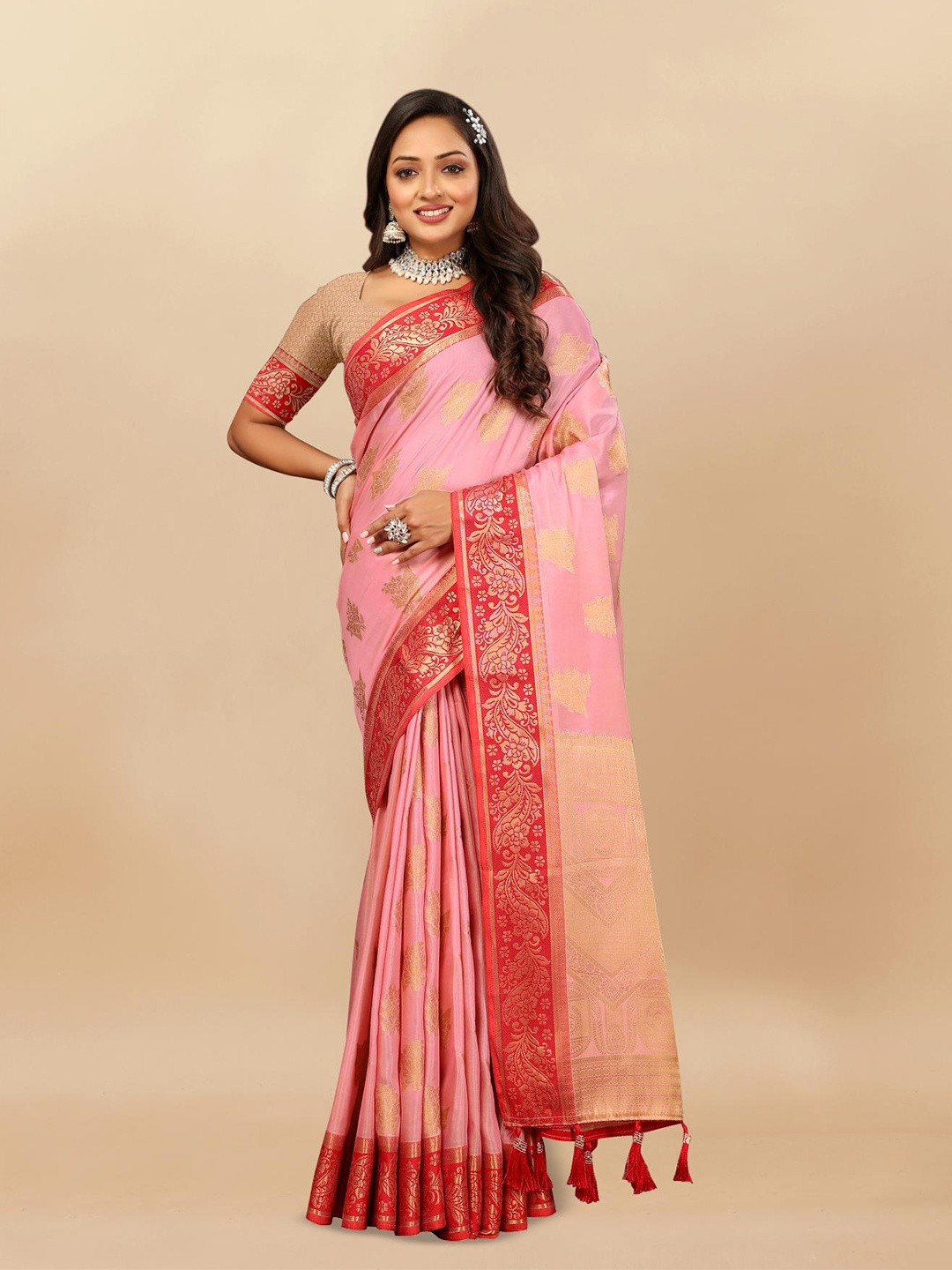 

PATIALAPICKS Floral Woven Design Zari Pure Cotton Paithani Saree, Pink