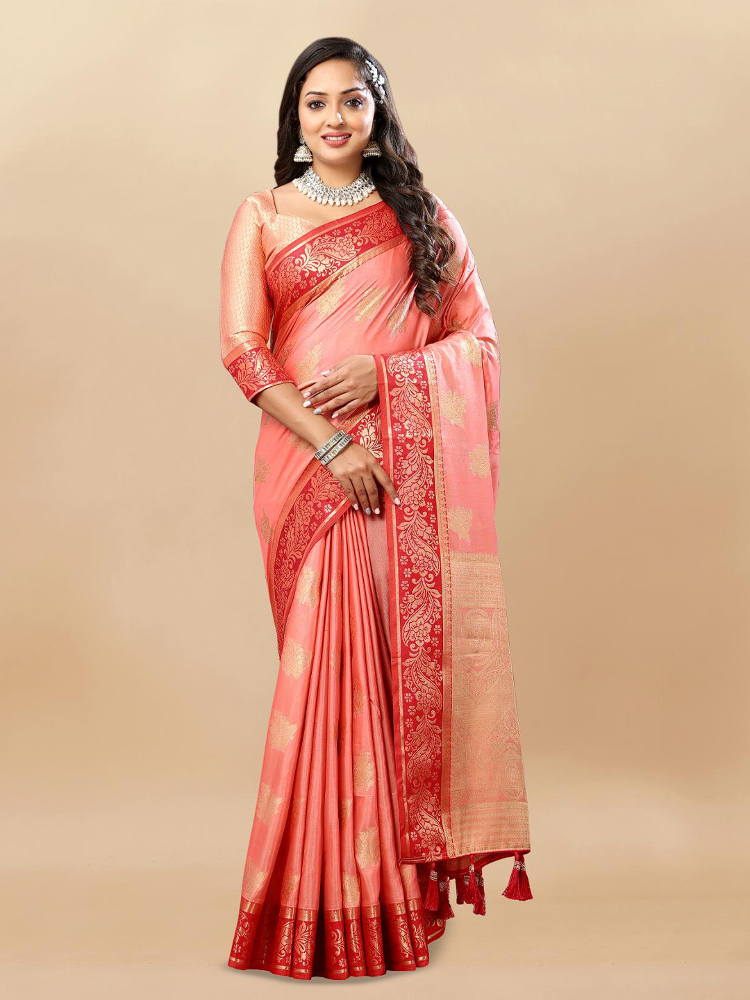 

PATIALAPICKS Floral Woven Design Zari Pure Cotton Paithani Saree, Peach