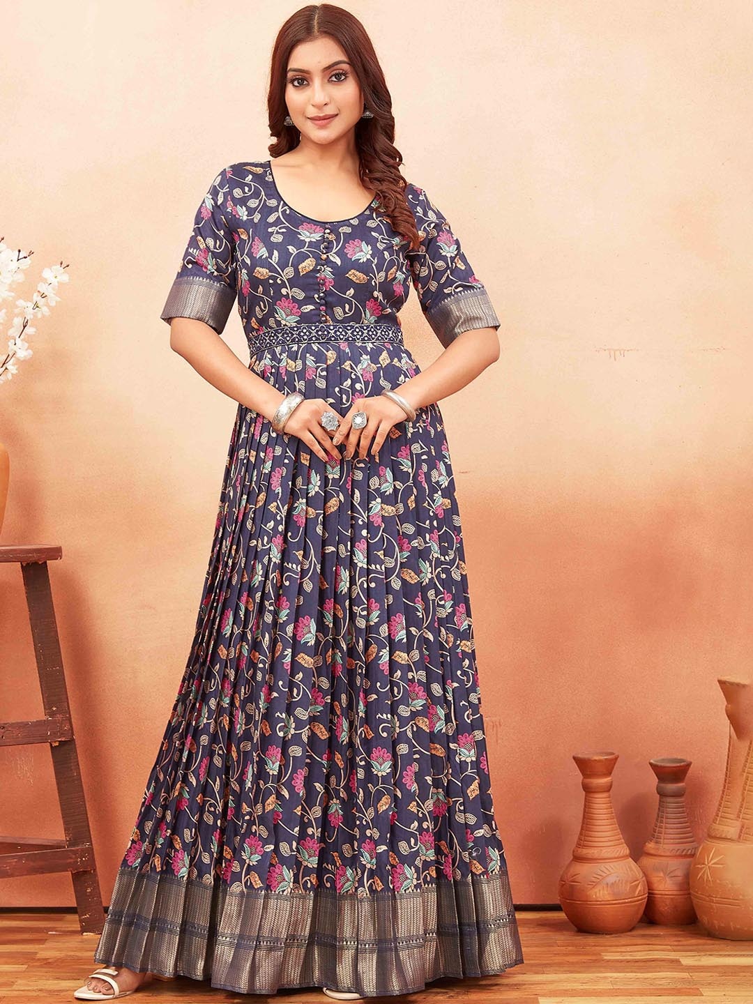 

ODD BY chansi TRENDZ Floral Printed Fit & Flare Silk Ethnic Dresses & Belt, Navy blue