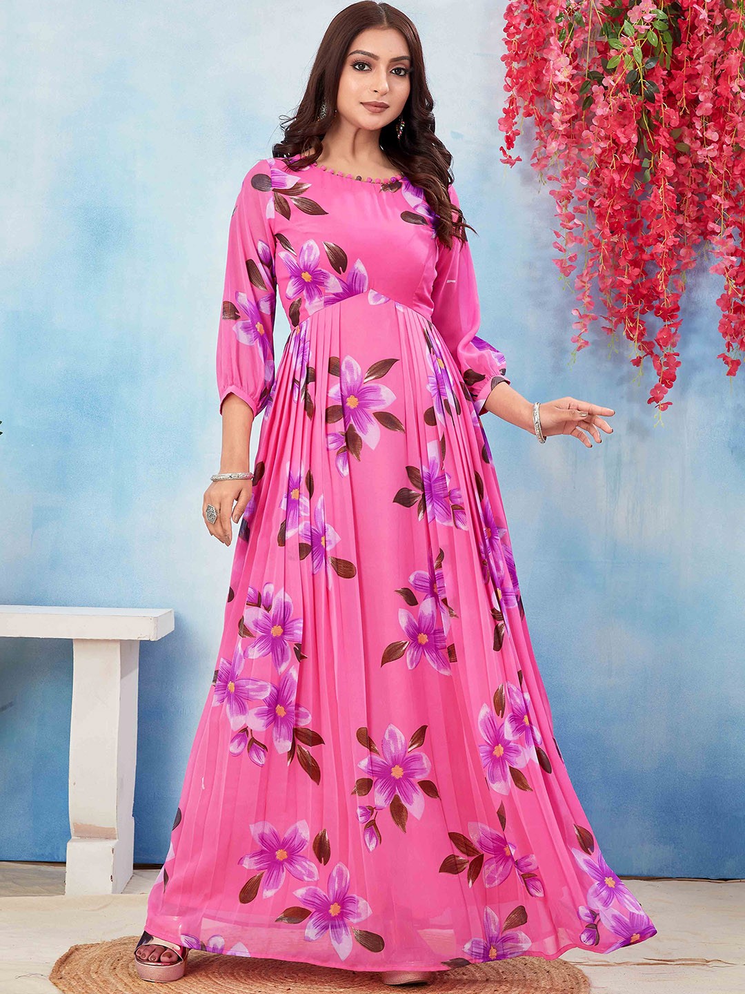 

ODD BY chansi TRENDZ Floral Printed Georgette Fit and Flare Maxi Ethnic Dresses, Violet