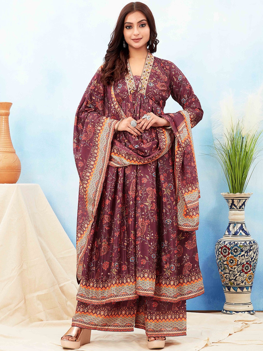 

ODD BY chansi TRENDZ Floral Printed Thread Work Anarkali Kurta With Palazzos & Dupatta, Brown