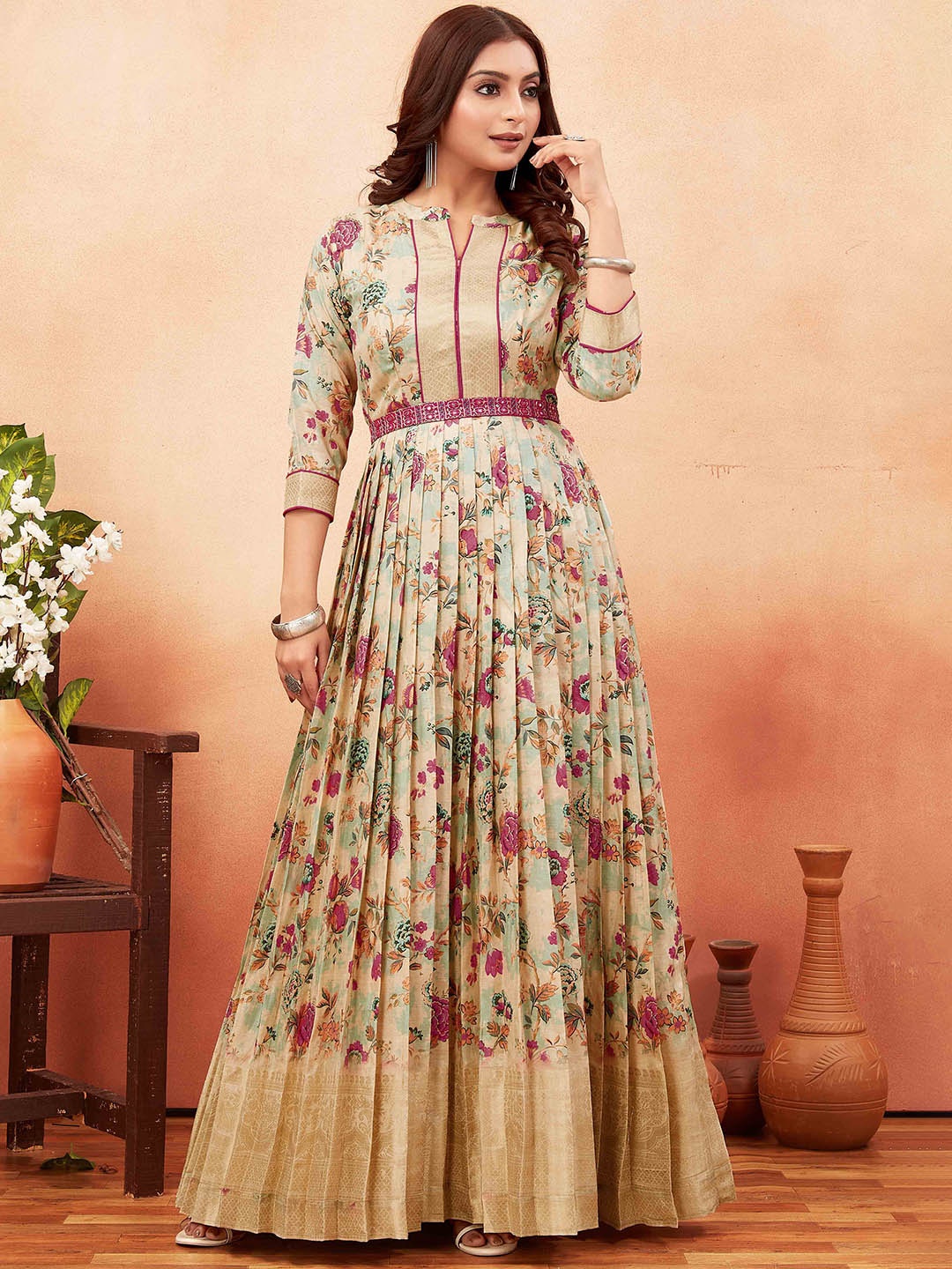 

ODD BY chansi TRENDZ Floral Printed Silk Flared Ethnic Dress, Cream