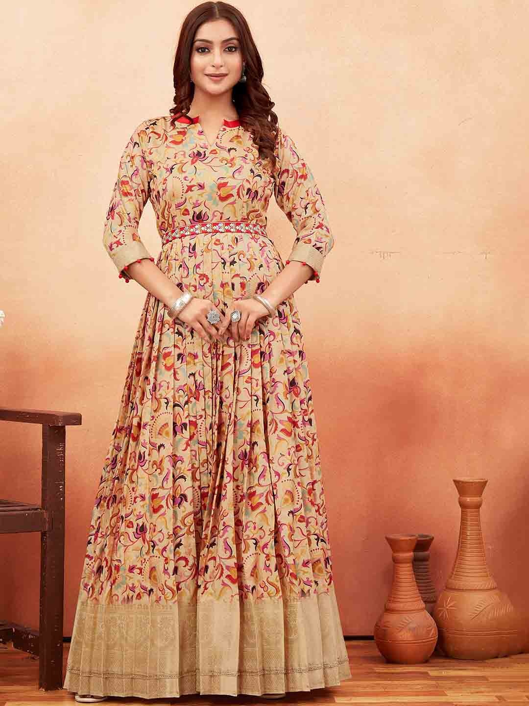

ODD BY chansi TRENDZ Floral Printed Silk Pleated Fit & Flare Ethnic Dresses & Belt, Cream
