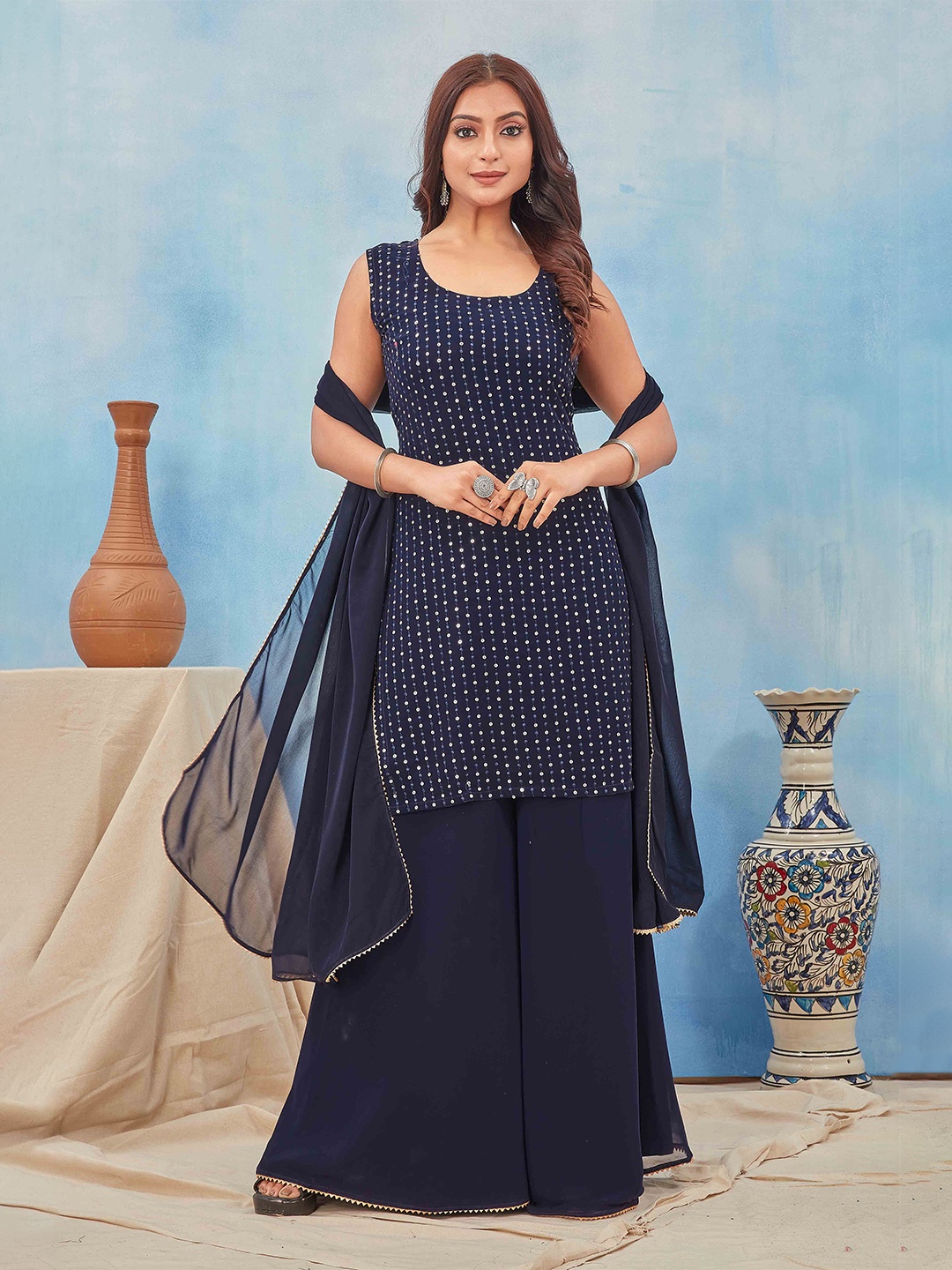 

ODD BY chansi TRENDZ Embroidered Regular Kurta with Palazzos & With Dupatta, Navy blue