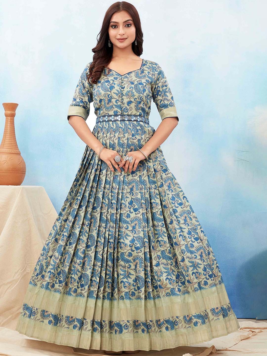 

ODD BY chansi TRENDZ Ethnic Motifs Printed Silk Flared Ethnic Dress, Blue