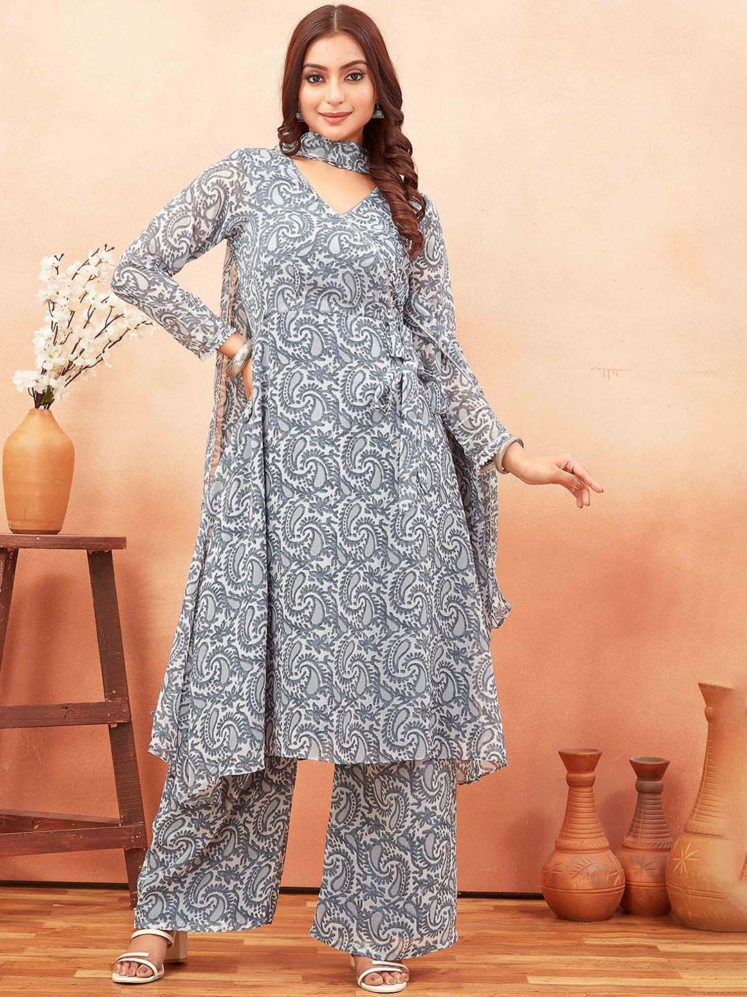 

ODD BY Chansi TRENDZ Paisley Printed Beads & Stones Anarkali Kurta With Palazzos & Dupatta, Grey