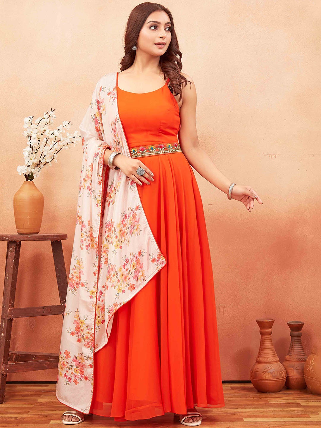 

ODD BY chansi TRENDZ Women Gown with Printed Chinon Dupatta & Embroidered Belt, Orange