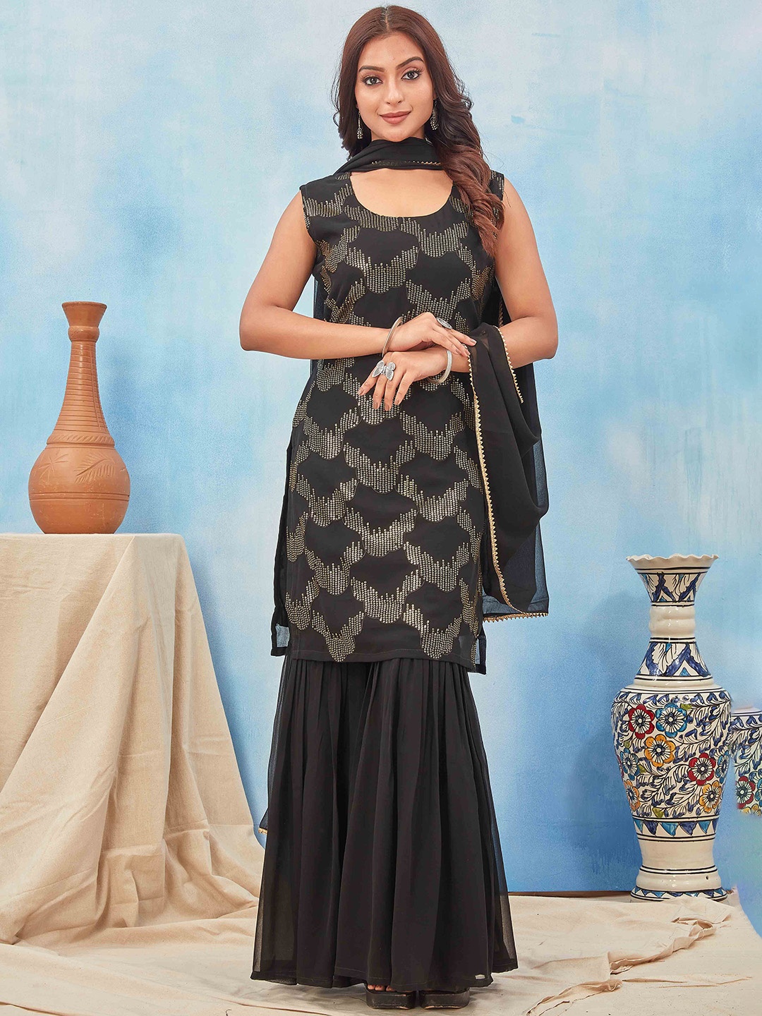 

ODD BY chansi TRENDZ Floral Embroidered Regular Kurta with Sharara & With Dupatta, Black