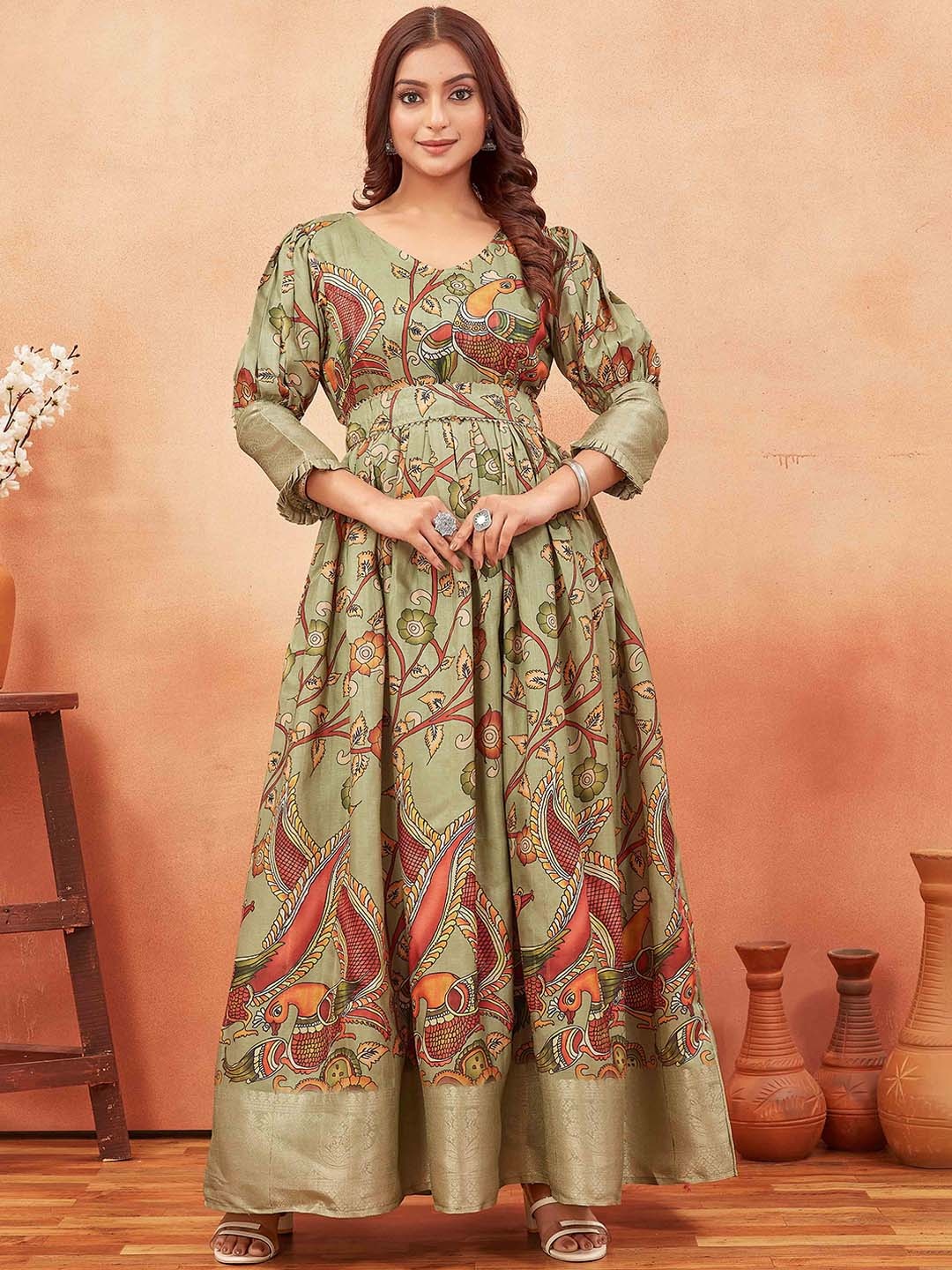 

ODD BY chansi TRENDZ Ethnic Motifs Printed V-Neck Silk Fit & Flare Ethnic Dresses & Belt, Green