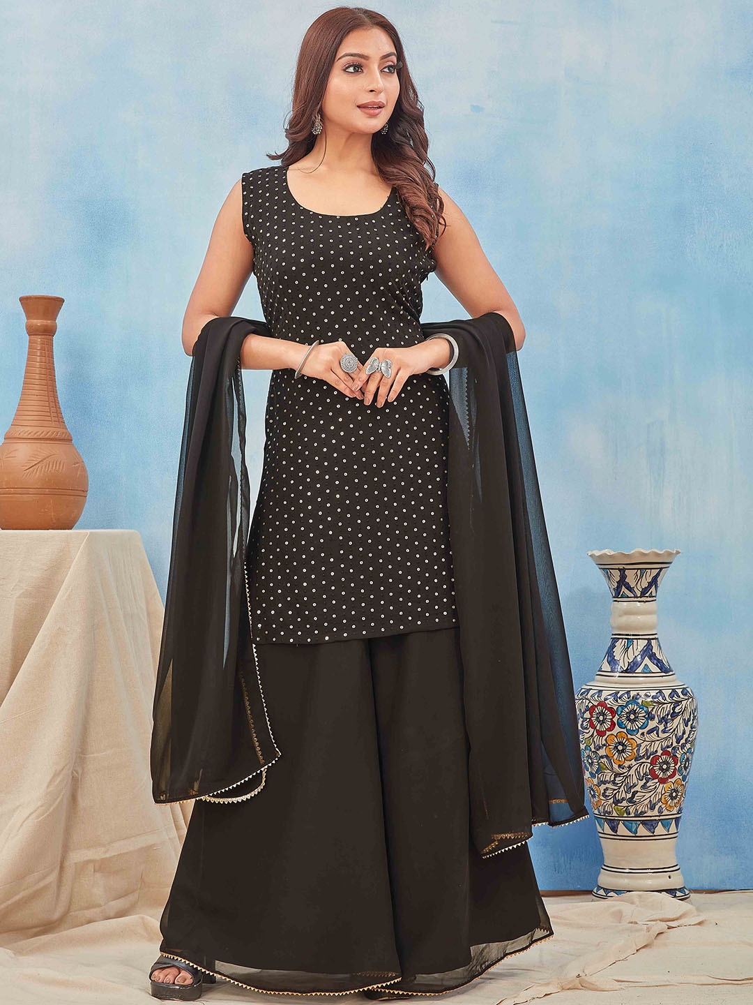 

ODD BY chansi TRENDZ Embroidered Regular Kurta with Palazzos & With Dupatta, Black