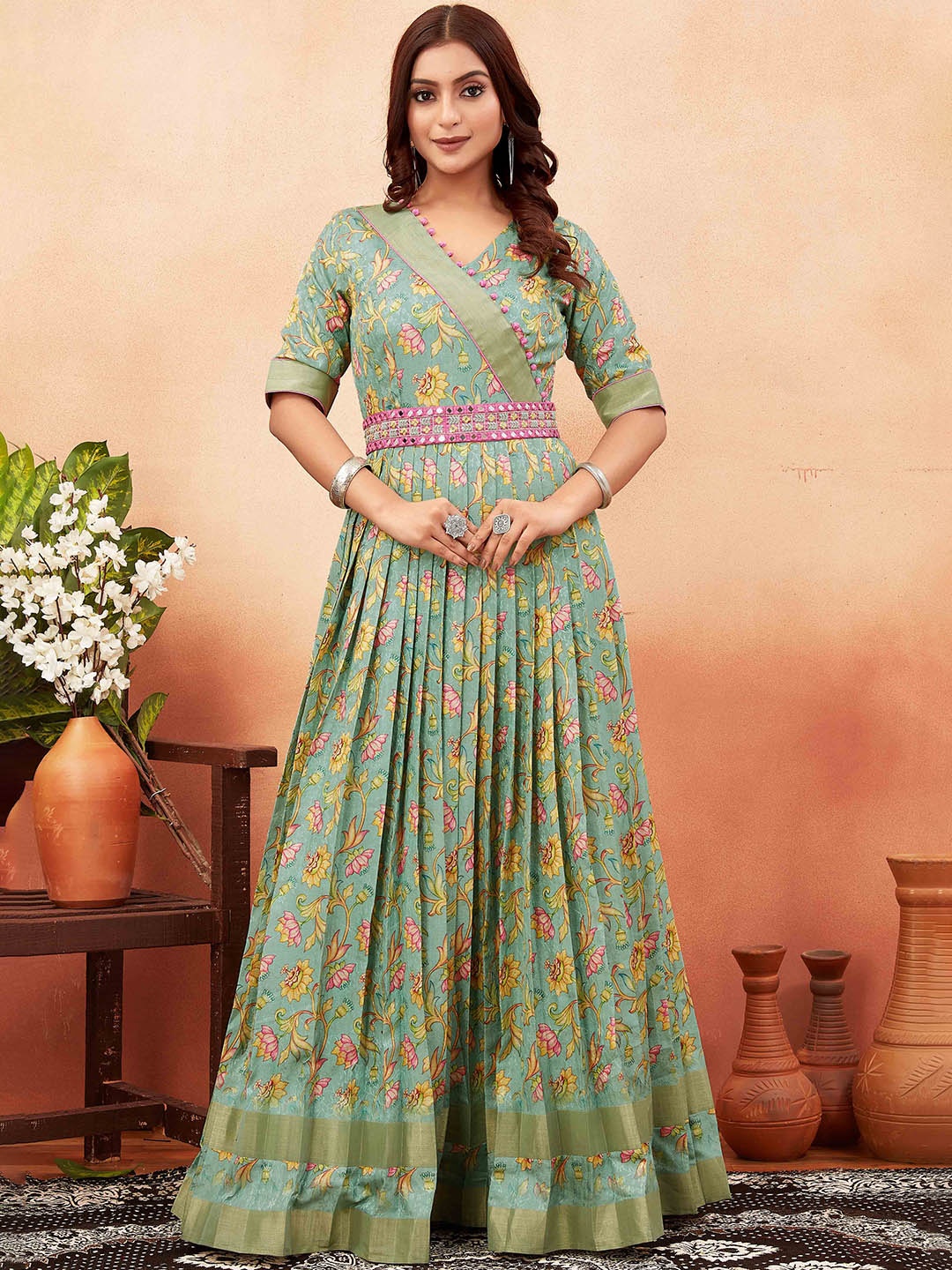 

ODD BY chansi TRENDZ Ethnic Motifs Printed Silk Flared Ethnic Dress, Green