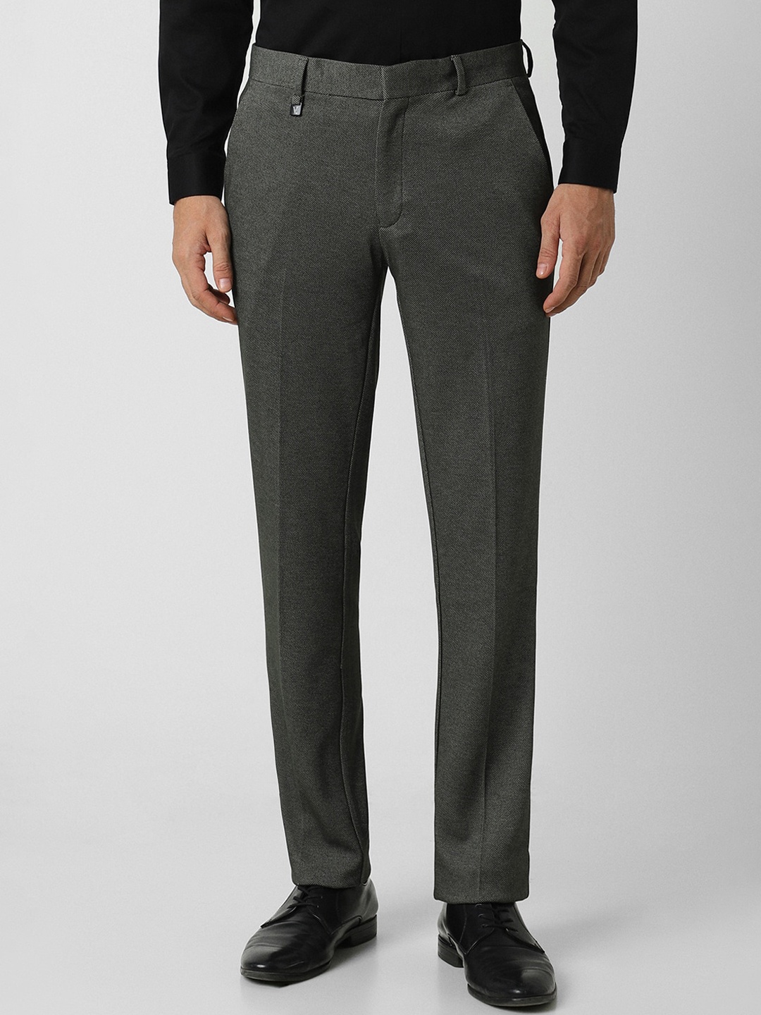 

V Dot Textured Skinny Fit Mid-Rise Formal Trousers, Grey