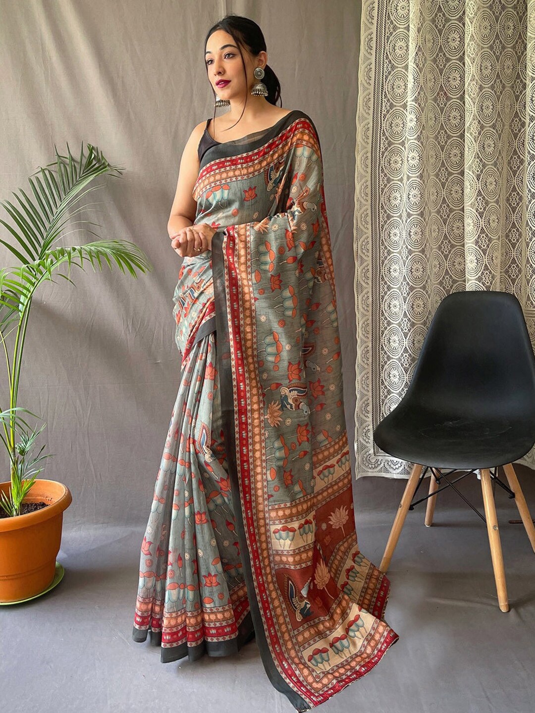

Anouk Kalamkari Pure Cotton Baluchari Saree, Grey