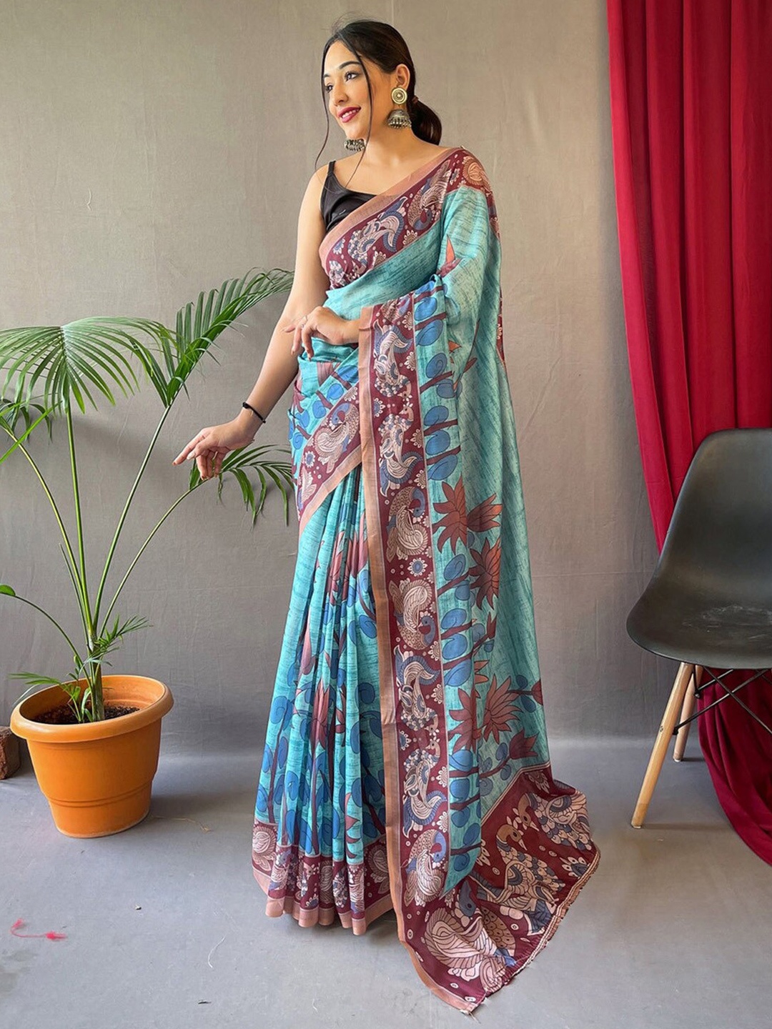 

Anouk Kalamkari Pure Cotton Baluchari Saree, Blue
