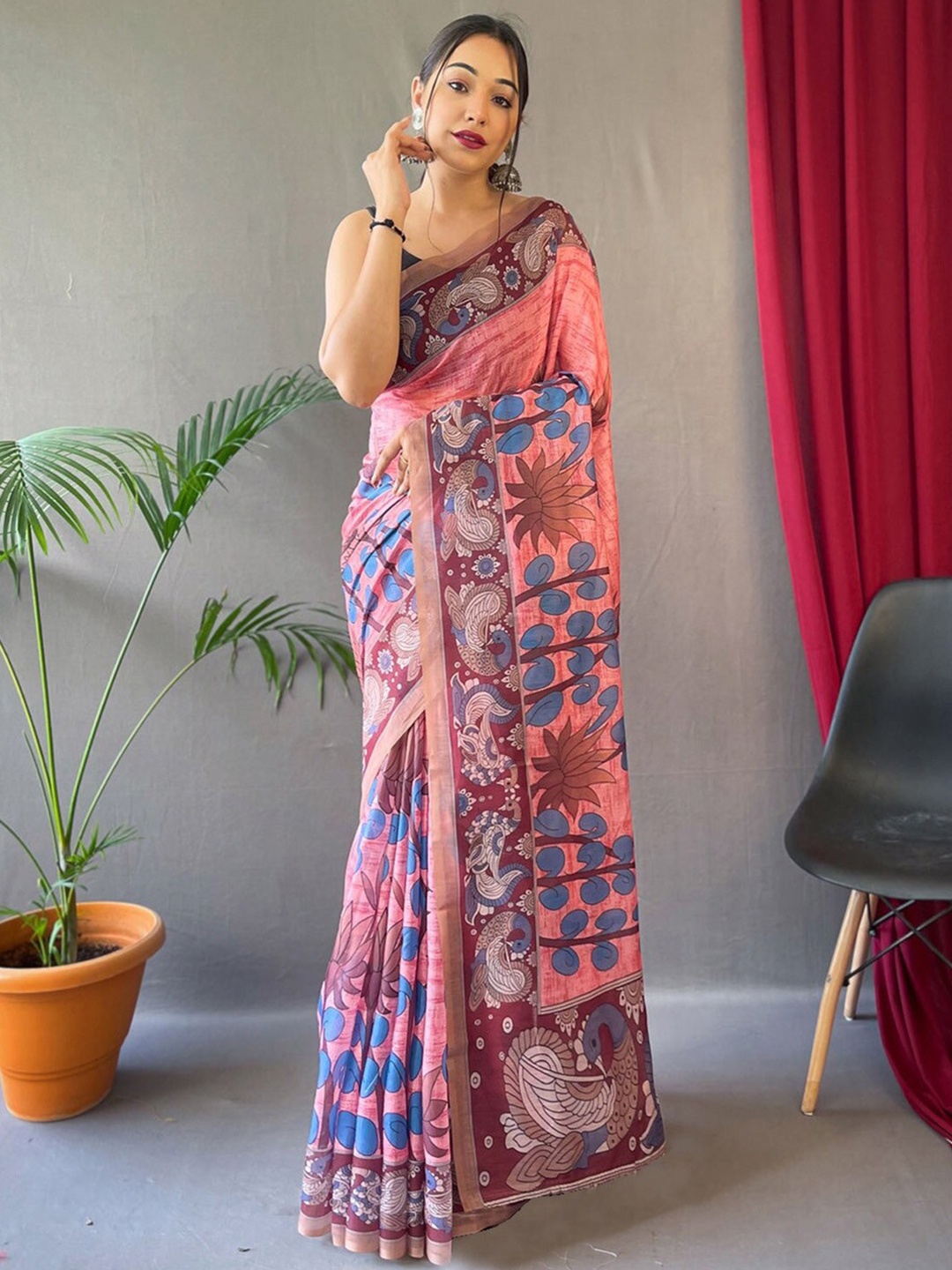 

Anouk Kalamkari Zari Pure Cotton Baluchari Saree, Pink