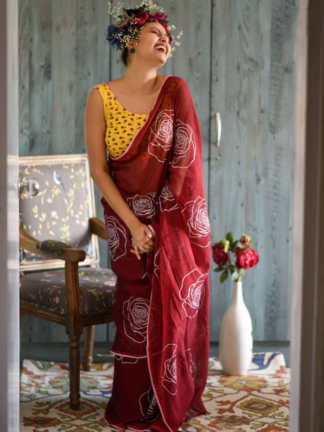 

Anouk Floral Printed Pure Cotton Block Print Saree, Maroon