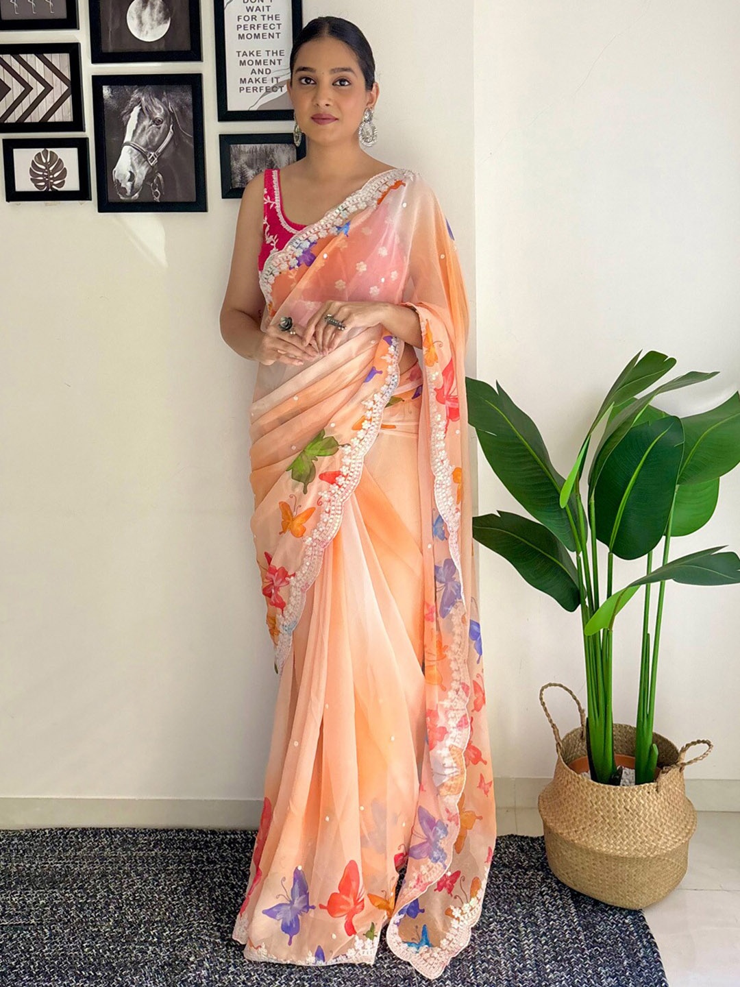 

Anouk Ethnic Motifs Sequinned Pure Georgette Saree, Orange